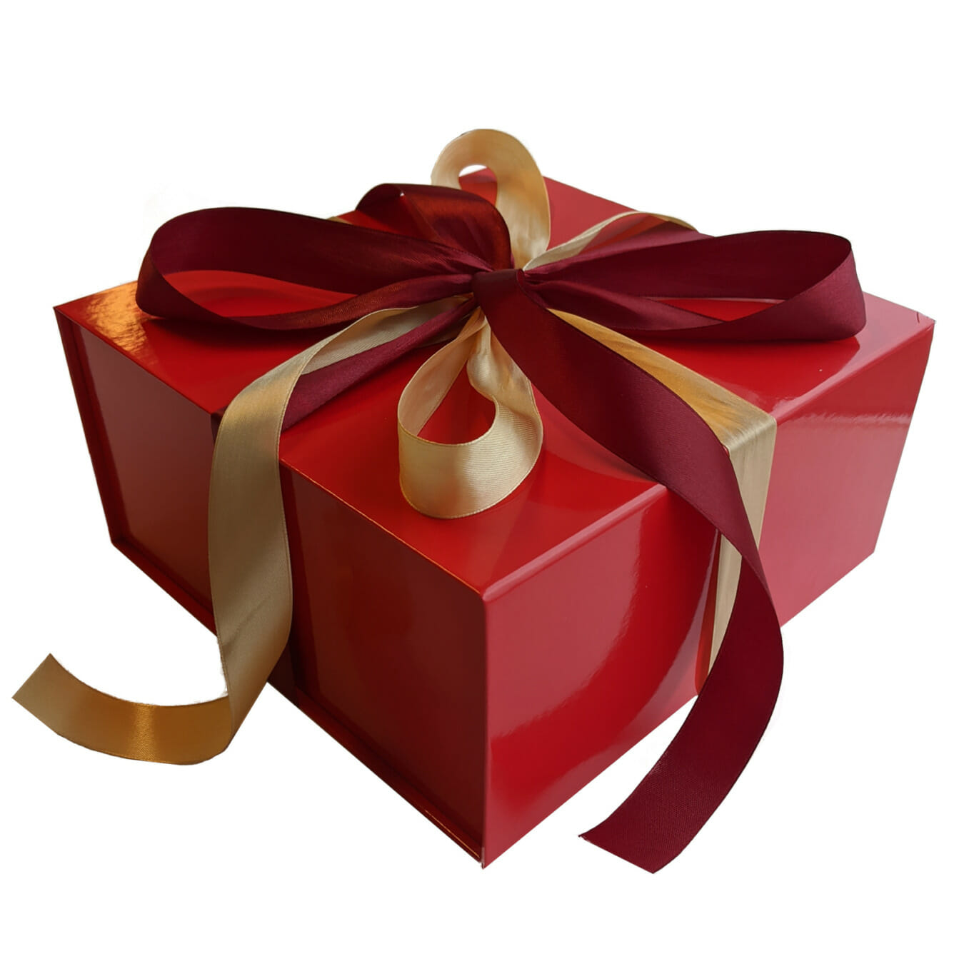 Cadeaubox Vierkant Rood met gouden en rode satijnen strik