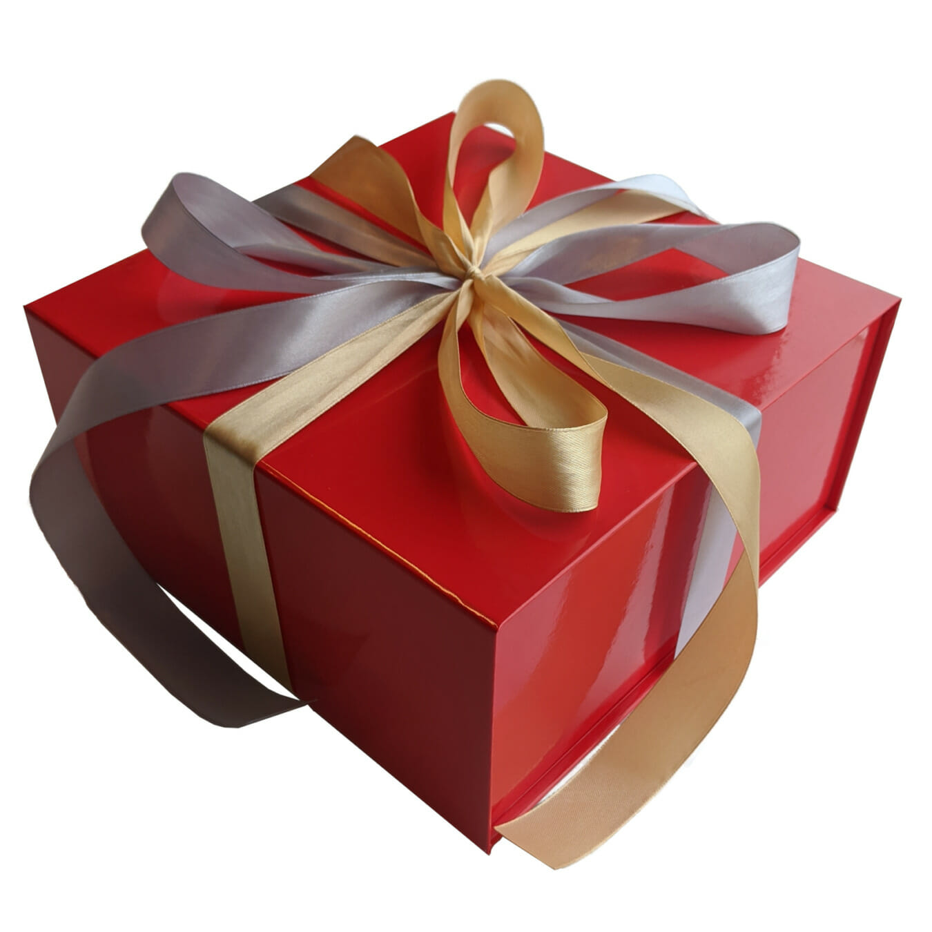 Rode cadeaubox met gouden en zilveren satijnen strik