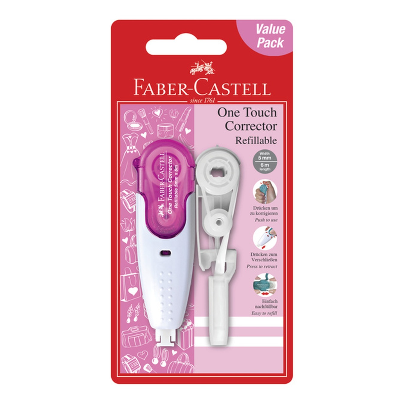 Faber Castell Correctieroller One Touch met 1 vulling Roze