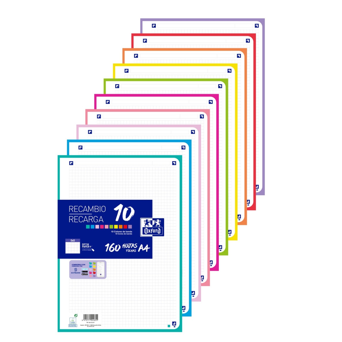 Oxford Ringbandpapier A4 160 Vel 5 x 5 Geruit 10 Kleuren