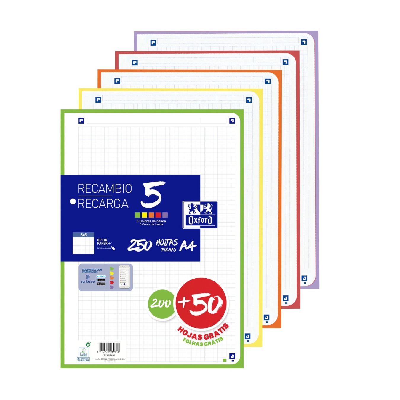 Oxford Ringbandpapier A4 250 Vel 5 x 5 Geruit 5 Levendige Kleuren
