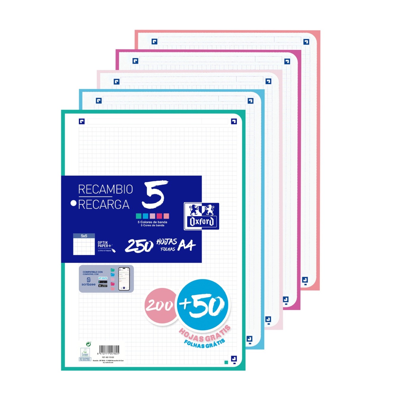 Oxford Ringbandpapier A4 250 Vel 5 x 5 Geruit 5 Pastel Kleuren