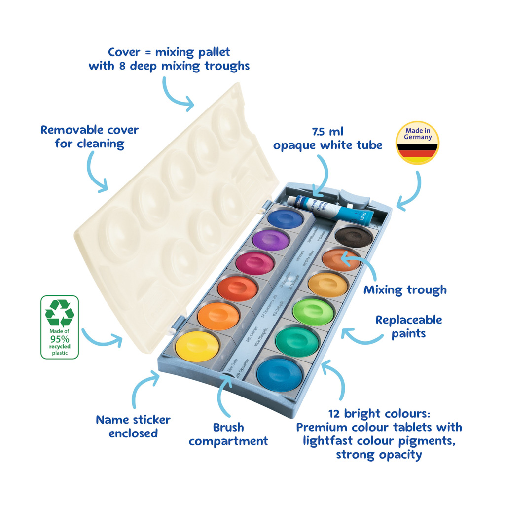 Pelikan Verfdoos K12 Eco - Plakkaatverf 12 kleuren + dekwit
