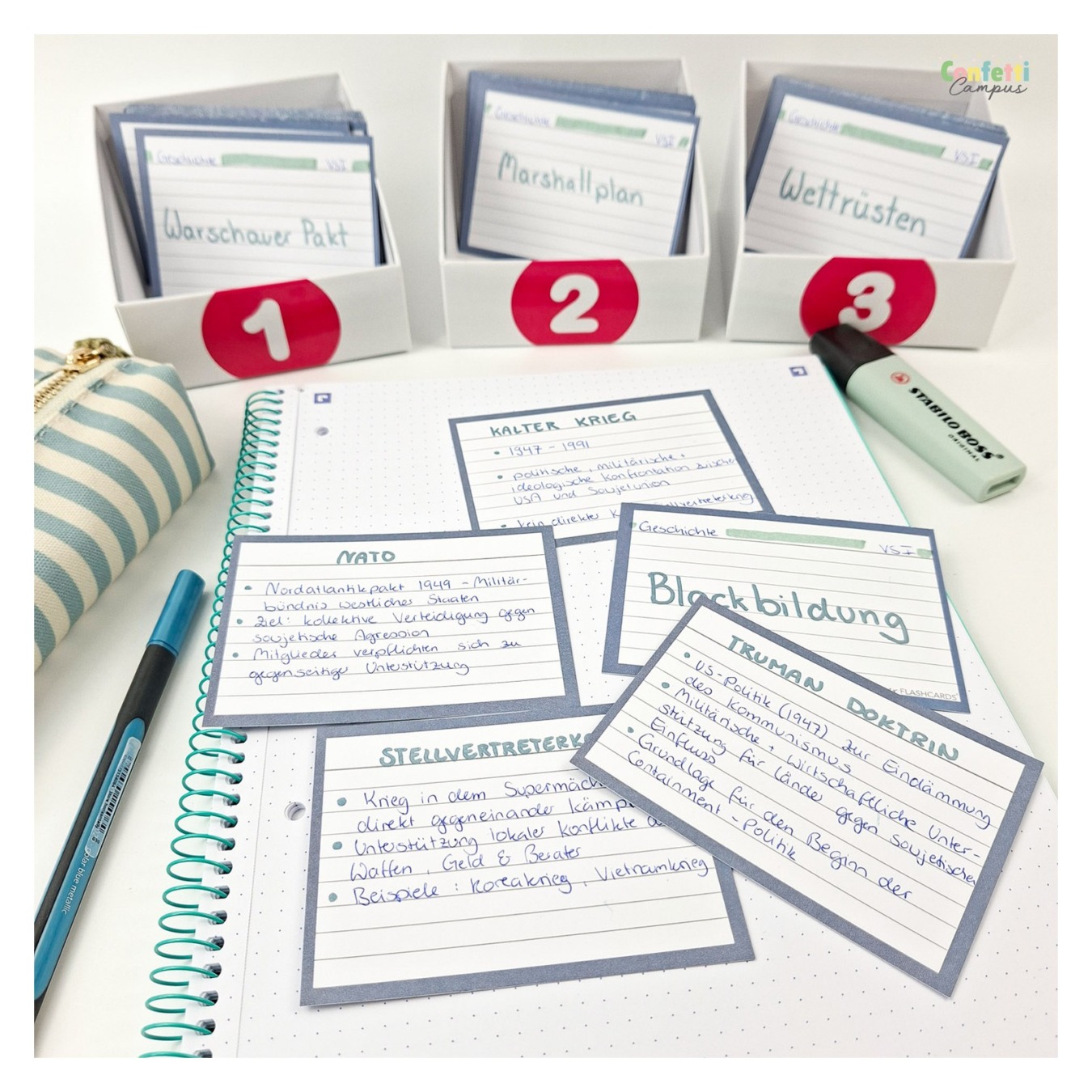 Leitner Flashcards Nature Blauw A7 gelinieerd in gebruik