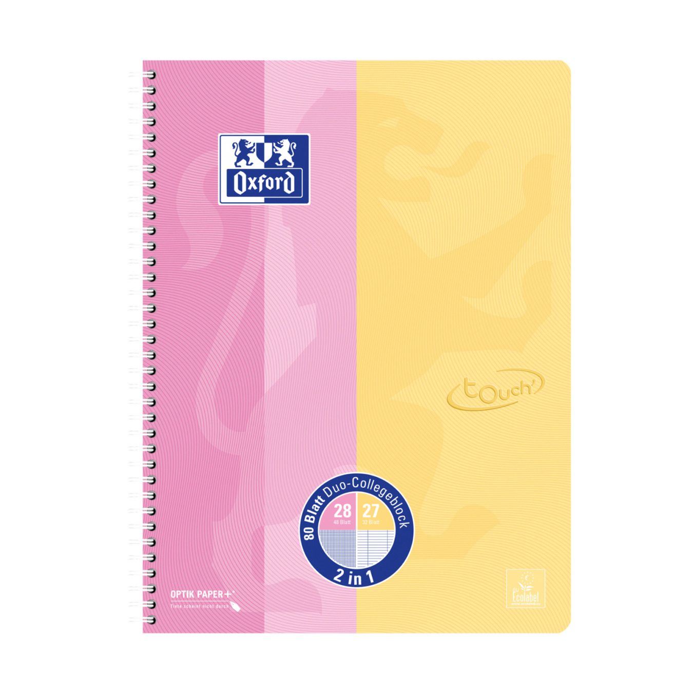 Oxford A4+ Collegeblok Touch’ DUO Gelinieerd & Geruit roze/geel